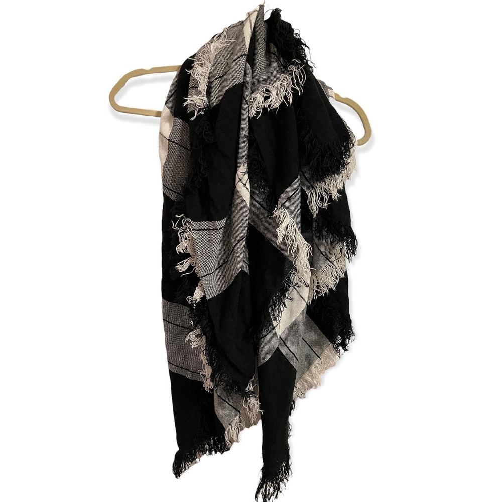 Black and White Plaid Raw Hem Scarf One Size